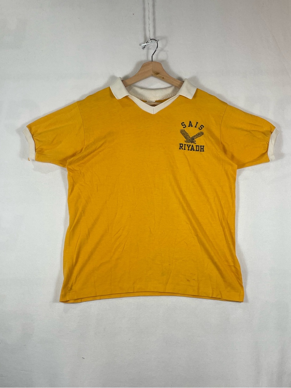 Vtg 80s Velva Sheen High School Yellow V Neck Collared Polo Ringer T shirt Sz L